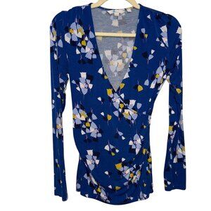 Boden Long Sleeve Floral Faux Wrap Top Size 4 Blue & Multicolor